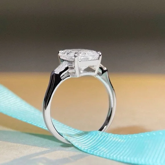 4CT Emerald Cut & Baguette Three Stone Engagement Ring - Picture 4 of 13